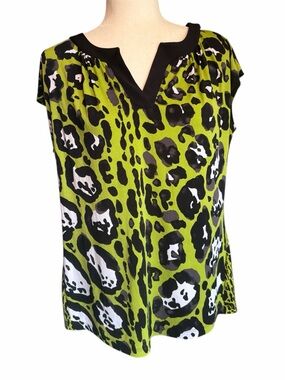 Worthington Lime Green and Black Leopard-Print Split-Neck Blouse